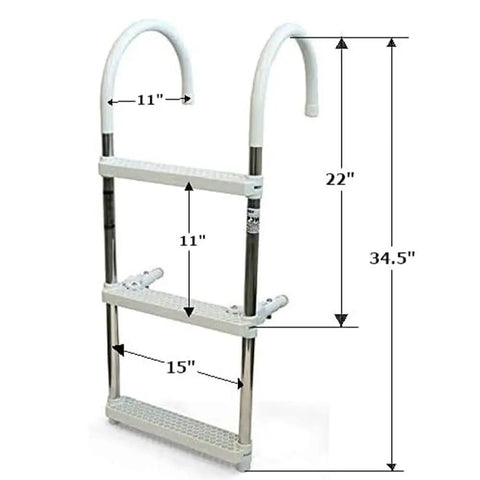 Heavy Duty Aluminum Boat 3 Step Ladder With Folding Gunwale Hook Design, 11 Inch Wide Hooks, Non Marking Support Legs, 250 Lb Capacity, Seamless Marine Boarding Solution, 34.5 in high