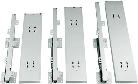 Extra Heavy Drawer Slides For Cabinets offering soft closing buffer, steel material, varying sizes for kitchen or office use.