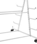 Heavy Duty Mobile Storage Rack For Lumber And Conduit Pipes, Double Sided Design With Premium Iron Frame, close-up of wheel and arm supports.