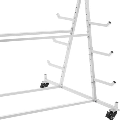 Heavy Duty Mobile Storage Rack For Lumber And Conduit Pipes, Double Sided Design With Premium Iron Frame, close-up of wheel and arm supports.