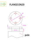 DN20 flange mounting plate with four bolt holes and attached pole; technical drawing shows front and side views
