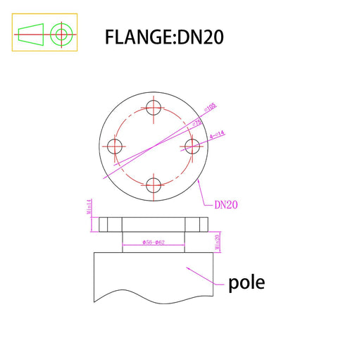 DN20 flange mounting plate with four bolt holes and attached pole; technical drawing shows front and side views