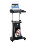 Slick Black Rolling Laptop Cart Featuring Legit Adjustable Top And Ultra Smooth Casters And Secure Edge Grip For Epic Bedside Office Setup And Chill Reading Nights with drawer and magazines.
