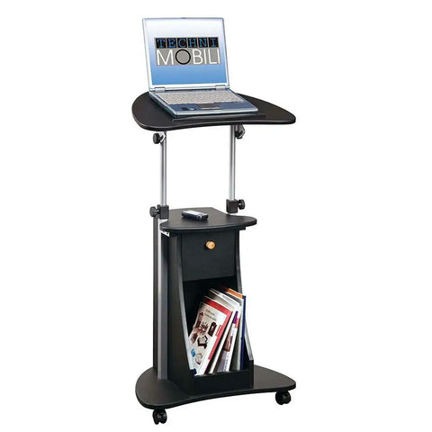 Slick Black Rolling Laptop Cart Featuring Legit Adjustable Top And Ultra Smooth Casters And Secure Edge Grip For Epic Bedside Office Setup And Chill Reading Nights with drawer and magazines.
