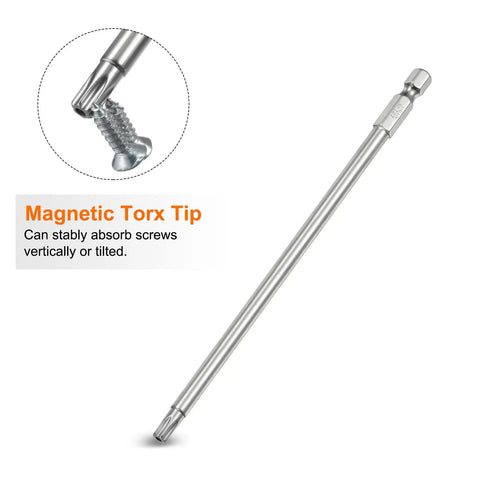 Tough As Nails T27 Security Torx Bit Set Gets Things Done Right 5 Pack 1/4 Inch Hex Shank 6 Inch Long S2 Steel showing magnetic tip for screw stability.