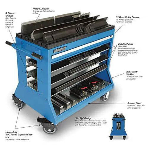 Heavy Duty Press Brake Changeover Cart For American Style Tooling VT36600 with wide base, side shelves, and ergonomic handles