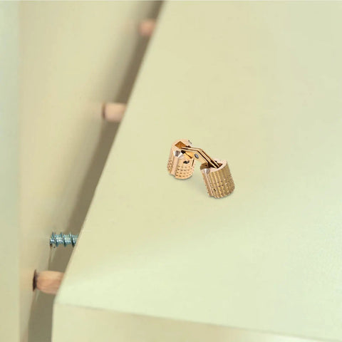 Smooth Operator Brass Concealed Barrel Hinges Six Piece Kit Slick 180 Degree Folding Design, showing brass hinge detail on cabinet.