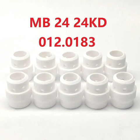 Gas Diffuser Ceramic Swirl Ring 012.0183 MB24 24KD displayed in a set of ten for MIG gun torch welding