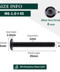 Image showing dimensions of 12 Sets M6x45mm Flat Head Socket Cap Screws With Barrel Nuts And 1 Hex Wrench, 304 Stainless Steel With Black Coating