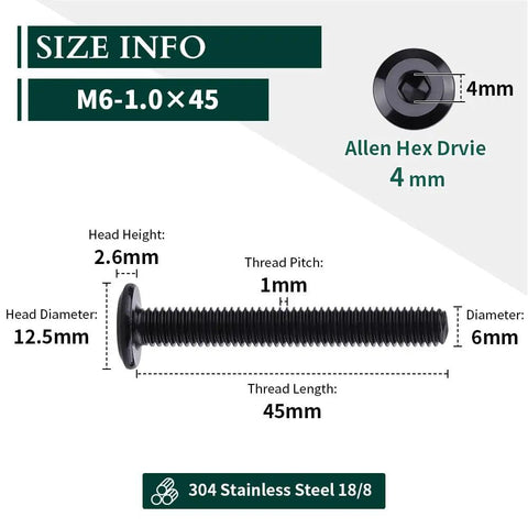 Image showing dimensions of 12 Sets M6x45mm Flat Head Socket Cap Screws With Barrel Nuts And 1 Hex Wrench, 304 Stainless Steel With Black Coating
