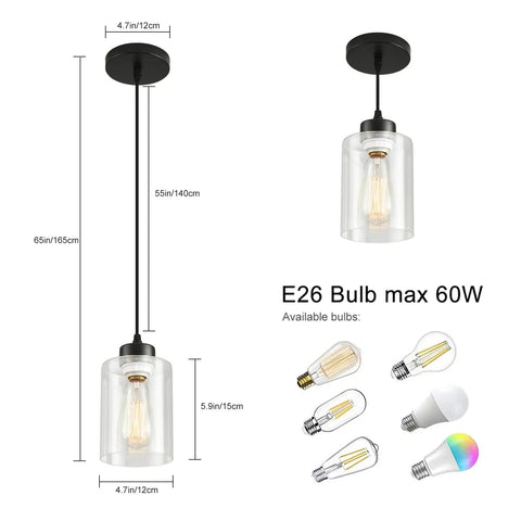 Modern Black Farmhouse Pendant Light With Glass Shade Industrial Style Hanging Light Fixture adjustable height and E26 bulb options