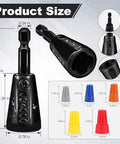 Multifunctional Wire Twister Tool Set For Drill with size details and colorful wire nut twisters for quick electrical connections.