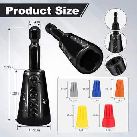 Multifunctional Wire Twister Tool Set For Drill with size details and colorful wire nut twisters for quick electrical connections.