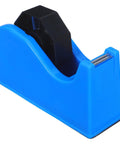 Portable Plastic Tape Dispenser With Weighted Non Slip Base And Vertical Roll Mechanism, Quick Release Blade, Desk Side Organizer For Washi And Masking Tapes, Great For Office, School, And Stationery Setups in blue plastic, angled view