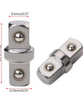 Two chrome-plated 3/8-inch socket sleeve adapters with hex connectors for electric wrench extension