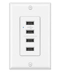 4 Port USB Wall Charging Outlet For Fast Power Up Your Gear, 4.2A Total 21W, featuring white decorator wall plate with LED indicator