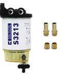 Boat Ready Marine Fuel Water Separator Kit With 10 Micron Filter and brass fittings, showing aluminum housing and 3/8 inch NPT ports.