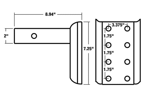 Diagram of Three Position Adjustable Pintle Hook Mount Hitch For 2 Inch Trucks, Built For Real Tough Towing, Heavy Duty Tow Receiver dimensions.