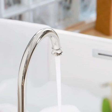 High Arc 2-Handle Widespread Roman Tub Faucet With Valve And Supply Lines Chrome Finish Demeter 1436201, sleek tall pouring into tub