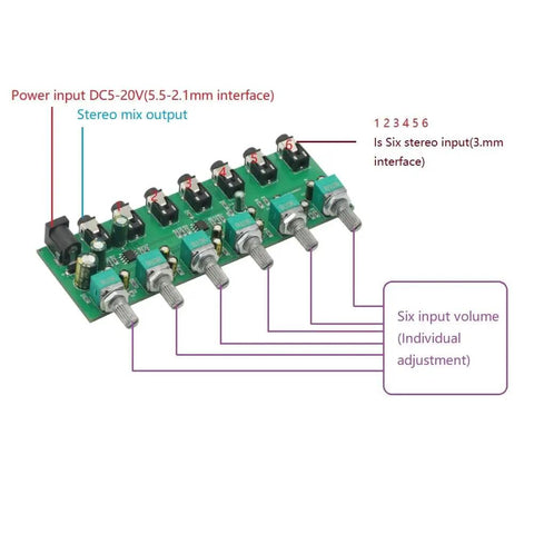 Six Channel Stereo Mixer Audio Distributor With Independent Volume Control For Your Home Studio Setup, circuit board detail