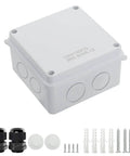 IP65 Weatherproof Outdoor Electrical Junction Box Enclosure, ABS Plastic, Dustproof And Water Resistant, White, 3.9 x 3.9 x 2.8 Inch, Includes NPT Cable Glands For Easy Sealing, Great For Electronics Projects