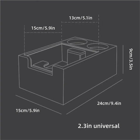 Heavy Duty Wooden Espresso Knock Box With 58mm Tamper Base showing dimensions and dual slot design for efficient coffee puck disposal.