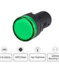 Green Indicator Light 110 Volt AC DC 22mm Panel Mount shown with LED chips, high brightness feature, and 22mm mounting hole.