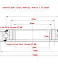 Cross-sectional diagram of Beefy Internal Gear Rotary Bearing Module 1.75 Teeth With 160mm Outer Diameter, 8 Hole Pattern