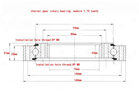 Cross-sectional diagram of Beefy Internal Gear Rotary Bearing Module 1.75 Teeth With 160mm Outer Diameter, 8 Hole Pattern