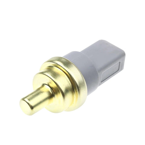 Close-up engine coolant temperature sensor with brass probe and gray plastic housing