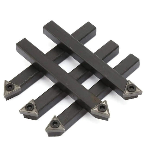 Heavy Duty 5 Pack Quarter Inch Indexable Carbide Insert Set With Hex Wrench And Screws for Metal Lathe, showing carbide tips and steel shanks.