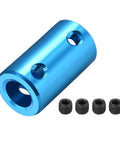 Quarter Inch To Eight Millimeter Bore Rigid Shaft Coupling Connector Set Screw in blue aluminum with M4 screws for precision alignment.
