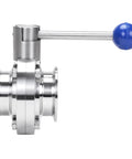 Butterfly valve, 2-inch sanitary stainless steel tri-clamp, side view with blue pull-handle