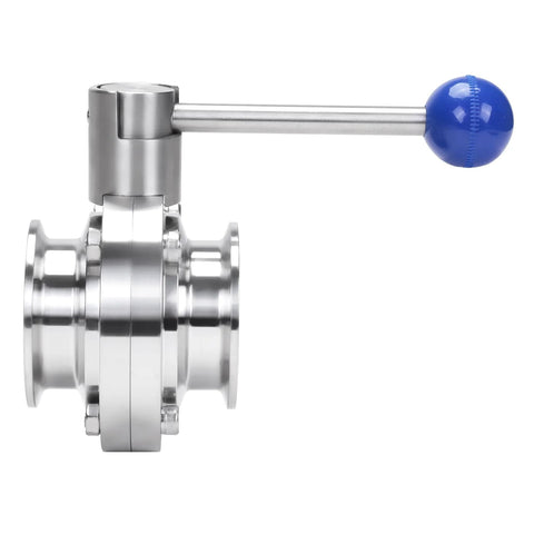 Butterfly valve, 2-inch sanitary stainless steel tri-clamp, side view with blue pull-handle