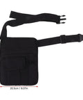 Built Tough Waterproof Black Oxford Cloth Waiter Waist Bag With Adjustable Belt shown with measurements and pockets for storage.