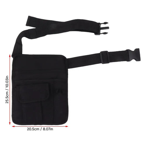 Built Tough Waterproof Black Oxford Cloth Waiter Waist Bag With Adjustable Belt shown with measurements and pockets for storage.