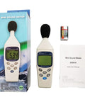 Pocket Sized Mini Sound Level Meter With Auto Range 30 To 130 dB 0.1 dB Resolution displayed with packaging, batteries, and manual