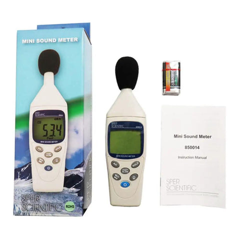 Pocket Sized Mini Sound Level Meter With Auto Range 30 To 130 dB 0.1 dB Resolution displayed with packaging, batteries, and manual