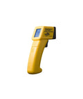 Gun Style Infrared Thermometer For HVAC Pros With Backlit LCD, yellow body shown with side view angle on white background