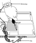 Diagram of Anti Static ESD Adjustable Metal Wrist Strap With 8 Foot Coiled Cord used in electronics assembly work.