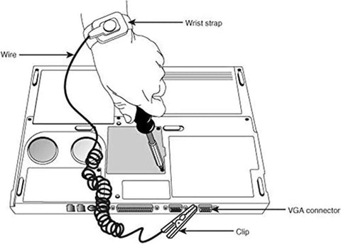 Diagram of Anti Static ESD Adjustable Metal Wrist Strap With 8 Foot Coiled Cord used in electronics assembly work.