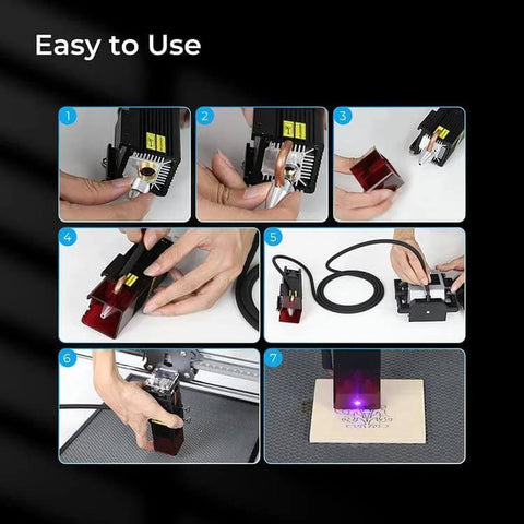 Creality Air Assist Kit for Falcon 10W laser engraver, black air module with tubing, 7-step installation images