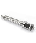 Side view of a silver annular cutter with Weldon shank and helical flutes for magnetic drill press.
