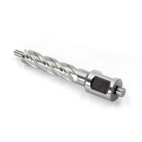 Side view of a silver annular cutter with Weldon shank and helical flutes for magnetic drill press.