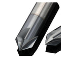 Boss Level 90 Degree V Groove Router Bit Featuring Four Heavy Duty Carbide Flutes For Dead Sharp Woodworking Engraving And Seamless Chamfer Milling With Rock Solid Stability For Quick Shop Setup, displaying two carbide router bits.