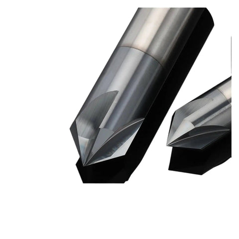Boss Level 90 Degree V Groove Router Bit Featuring Four Heavy Duty Carbide Flutes For Dead Sharp Woodworking Engraving And Seamless Chamfer Milling With Rock Solid Stability For Quick Shop Setup, displaying two carbide router bits.