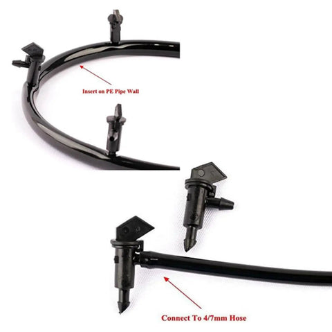100 Pack 1 GPH Flag Drip Emitters black plastic for 4mm to 7mm hose with close-up on nozzle and connection points