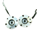 Pair of silver electromagnetic brake discs with central hex bore and attached wiring, front view
