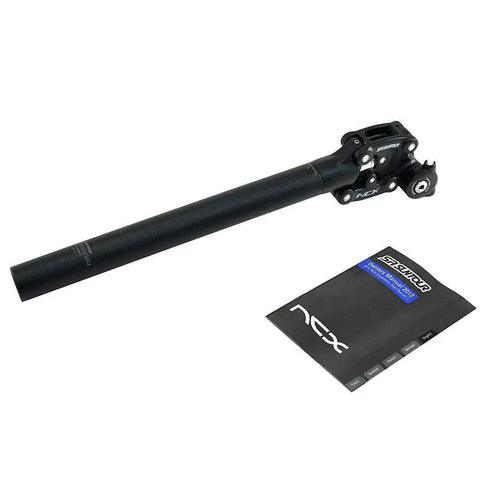 SP12 NCX Suspension Seat Post With Protective Cover 31.6x400mm Black VK2353, shown with packaging for mountain bikes