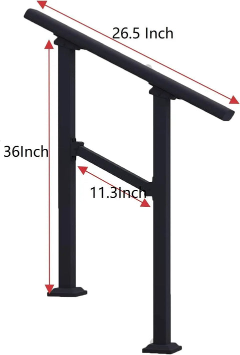 Dang Solid Metal Hand Rails For Outdoor Steps Black Powder Coated Stair Railing Kit dimensions showing height 36 inch and width 26.5 inch.